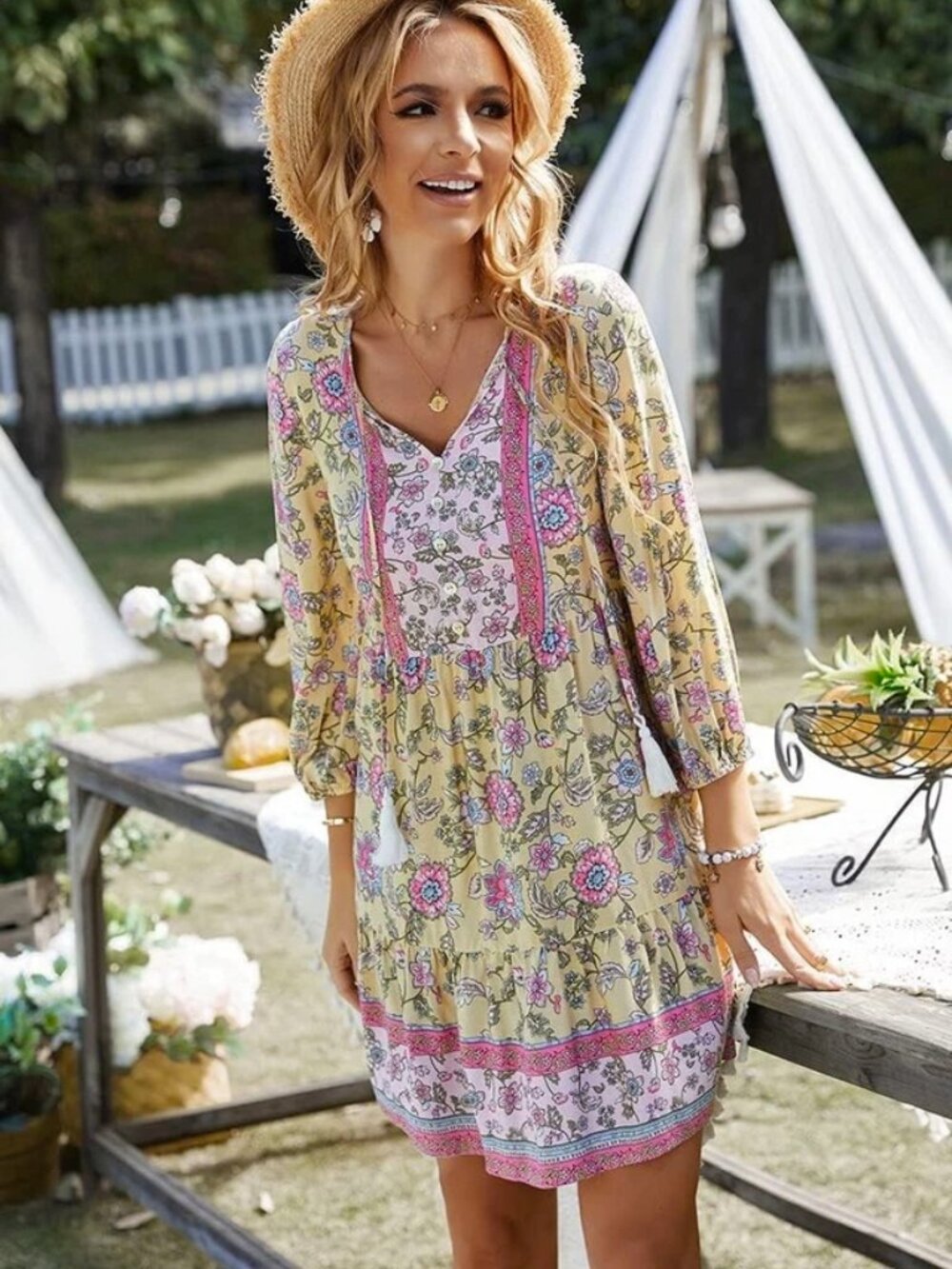 Dress for Women Beach Vacation Women Summer Floral Print V Neck Dress Bohemia-L